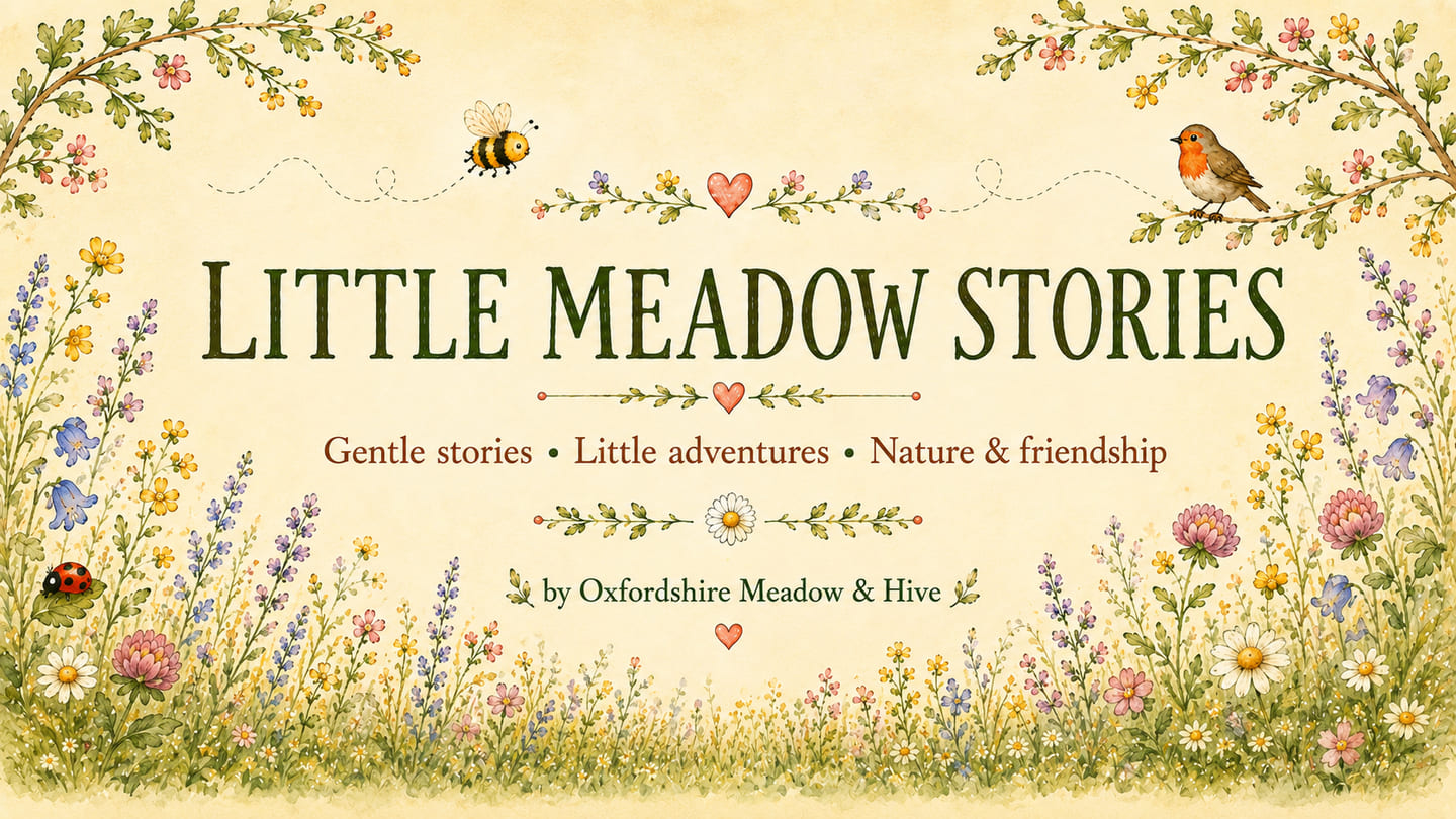 A watercolour meadow of wildflowers with a bee and a robin, lettered Little Meadow Stories